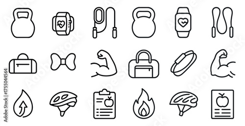 Fitness and gym outline icons set – workout, training, exercise symbols