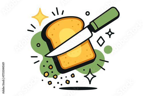 Toasted Crumbs Art. Toasted Crumbs. A glowing piece of toast being cut with crumbs falling, abstract floating spark and line icons symbolizing detail. Modern