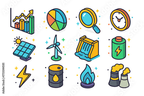 Energy Icons Collection. Energy Data. Colorful isometric vector icons set of energy data: graph, chart, magnifying glass, clock, solar panel, wind turbine,