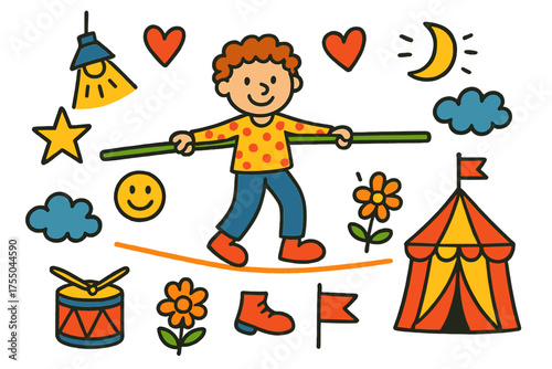 Colorful Circus Balancing Act. Balancing Act. Colorful Hand-drawn doodle Children illustration performer, tightrope, balancing pole, star, heart, smiley face,