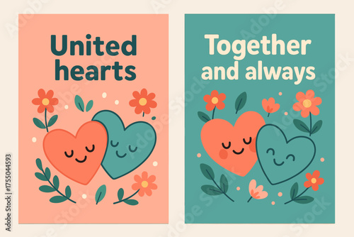 United Hearts Banners. United hearts. Two vertical A6 banners with safe margins, centered composition, no elements touching edges, cartoon, coral and teal,