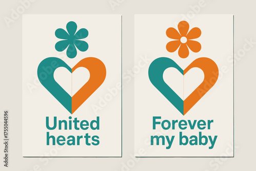 United Hearts Banners. United hearts. Two vertical A6 banners with safe margins, centered composition, no elements touching edges, geometric, turquoise and