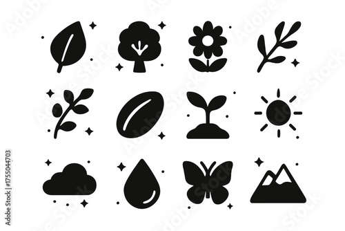 Black Botanical Icons. Botanical inspiration. Solid icons set of Botanical inspiration: leaf, tree, flower, branch, vine, seed, sprout, sun, cloud, raindrop,