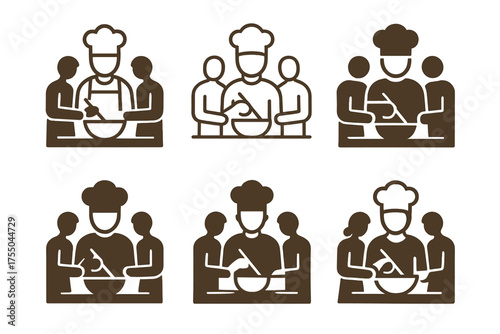 Cooking Class Logos. A group of people participating in a cooking class, learning new skills. Set Logo of A group of people participating in a cooking class,