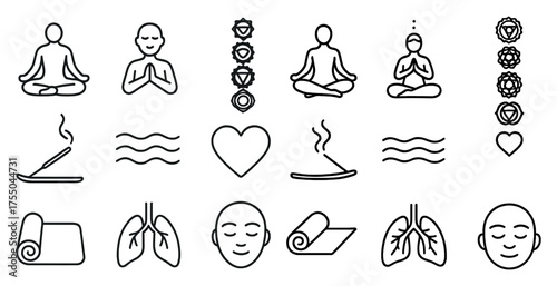 Meditation and wellness icons set – outline, linear, mindfulness and yoga graphics