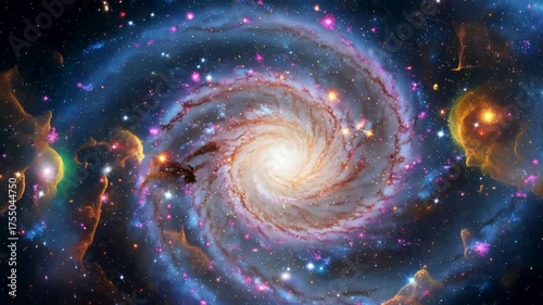 Stunning vibrant galaxy swirling dynamically through deep space with colorful nebula clouds in an amazing cosmic display of beauty