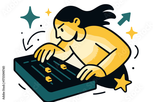 Glowing Audio Precision. Mixing with focus. Glowing figure leaning close to console, carefully fine-tuning levels. Floating icons of sparkle, arrow, and star