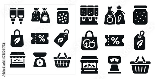 Zero waste solid icons set – eco-friendly, filled, sustainable living symbols