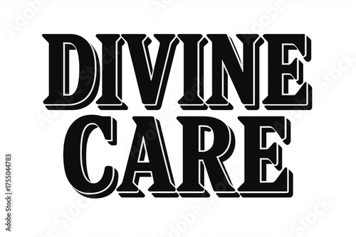 Divine Care Typography. Divine Care ? Bold Block Lettering, stacked uppercase with massive outlines and flat shadow, bold geometric serifs, all