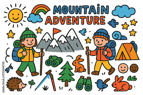 Colorful Mountain Adventure. Mountain Adventure. Colorful Hand-drawn doodle Children illustration hikers, mountain peaks, snow, clouds, sun, backpacks, walking