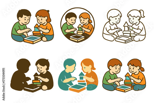 Children's Logo Variations. Everyday Life with Children (Learning, Playing, Growing). Set Logo of Everyday Life with Children: kids engaged in educational