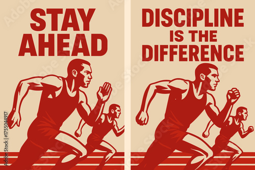 Athlete's Winning Edge. Strength. Two vertical A6 banners with safe margins, centered composition, no elements touching edges, bold style, red and beige,