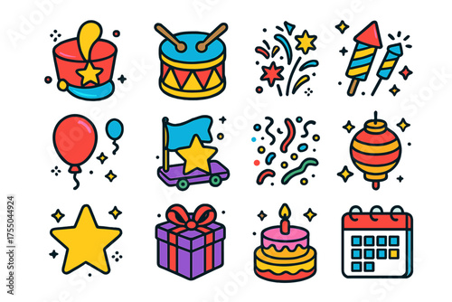 Holiday Parade Icons. Holiday Parade. Colorful isometric vector icons set of holiday parade: marching band hat, drum, flag, fireworks, balloon, parade float,