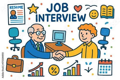 Colorful Job Interview Doodles. Job Interview. Colorful Hand-drawn doodle Children illustration resume, handshake, office chair, briefcase, older person,