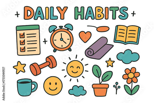Colorful Daily Habits. Daily Habits. Colorful Hand-drawn doodle Children illustration checklist, clock, book, notebook, dumbbell, yoga mat, heart, star, smiley