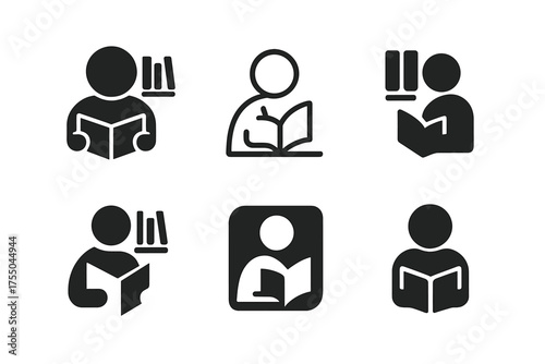 Library Logo Variations. Person in Library. Set Logo of Person in Library: stylized studying person icon. harmonious logo variations of the same emblematic