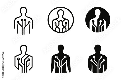 AI-Driven Human Evolution Logos. Evolution of human bodies through AI. Set Logo of Evolution of human bodies through AI: human silhouette with circuit veins.