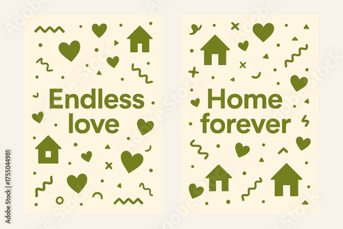 Endless Love Banners. Endless love. Two vertical A6 banners with safe margins, centered composition, no elements touching edges, memphis, olive green and