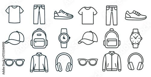 Fashion and clothing line icons set – outline, attire, wardrobe essentials