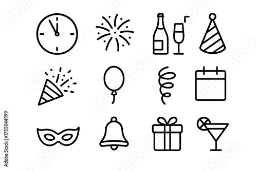 New Year Icons Grid. New Year celebration. Line icon set of New Year celebration: clock striking midnight, fireworks, champagne, party hat, confetti, balloon,