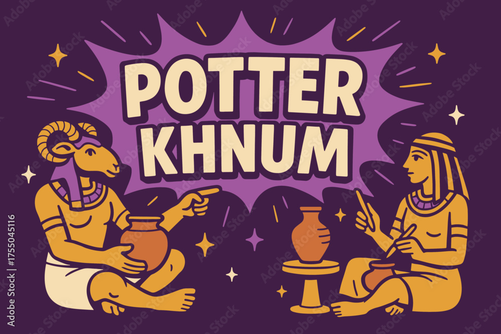 Obraz premium Khnum Potter Banner. Potter God Khnum banner, flat vector illustration, bold oversized text inside comic burst, cartoon characters sitting and pointing,