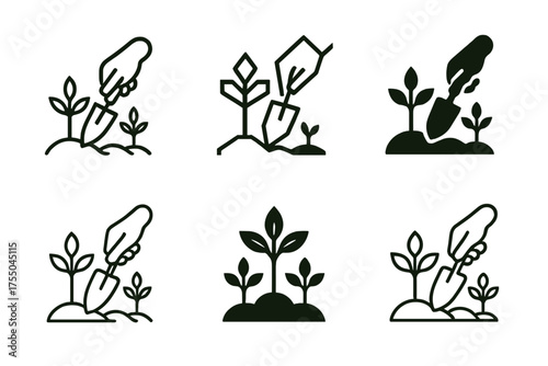 Family Gardening Logos. Quality time with parents. Set Logo of Quality time with parents: Gardening trowel and seedlings (planting together). harmonious logo