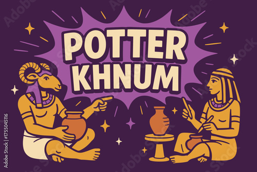 Khnum Potter Banner. Potter God Khnum banner, flat vector illustration, bold oversized text inside comic burst, cartoon characters sitting and pointing,