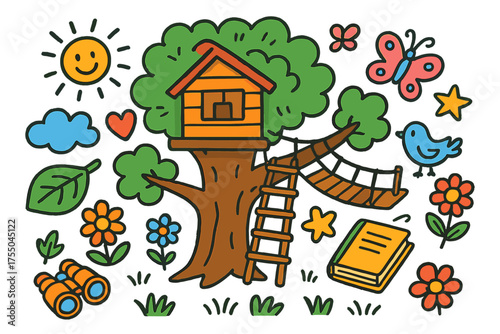 Adventure Tree House. Adventure Tree House. Colorful Hand-drawn doodle Children illustration tree, ladder, rope bridge, binoculars, heart, star, smiley face,