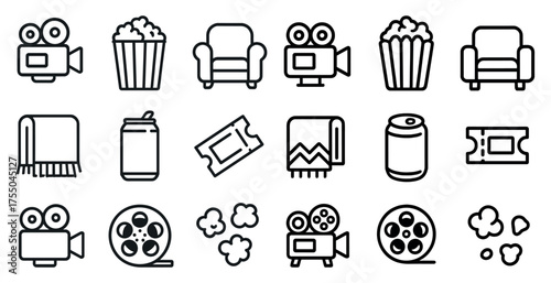 Cinema and movie night outline icons set – film, entertainment, theater symbols