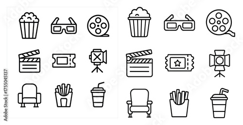 Cinema and entertainment outline icons set – movies, tickets, and film symbols