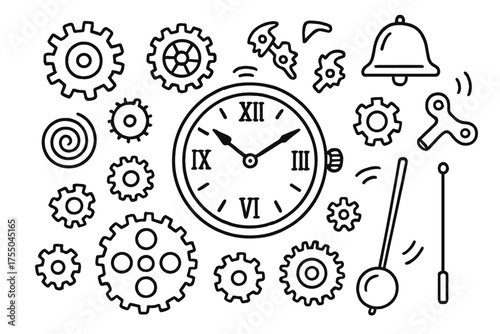 Clockwork Doodle Illustration. Clockwork. Hand-drawn doodle illustration Clockwork gears cogs spring pendulum hands face key winding knob bell chime lever