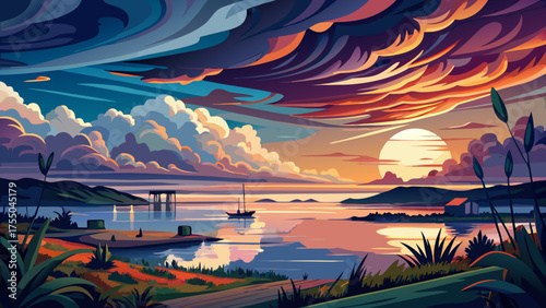Very beautiful Mobile Bay at dusk with dramatic clouds glowing in twilight, their reflections shimmering across calm waters, creating a peaceful coastal panorama of color, light, and serenity.