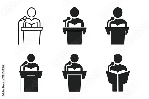 Diverse Logo Designs. Book launches. Set Logo of Book launches: author on stage with microphone and podium. harmonious logo variations of the same emblematic