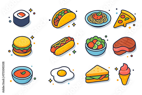 World Cuisine Icons. World Cuisine. Colorful isometric vector icons set of world cuisine: sushi roll, taco, pasta plate, pizza slice, burger, hot dog, salad