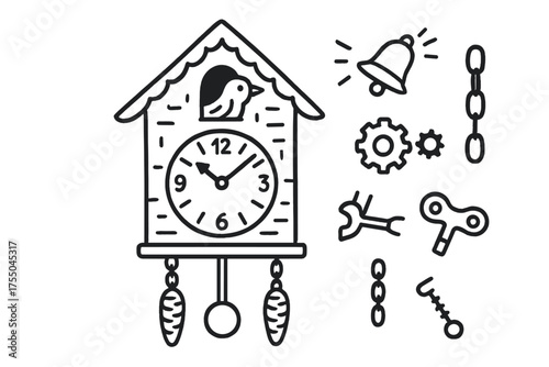 Cuckoo Clock Doodle. Cuckoo Clock. Hand-drawn doodle illustration Cuckoo Clock clock face pendulum bird house weights hands gears bell chime key chain. Simple