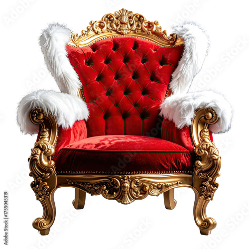 Ornate, luxurious, tufted red velvet throne with gold trim and white fur accents, set against black