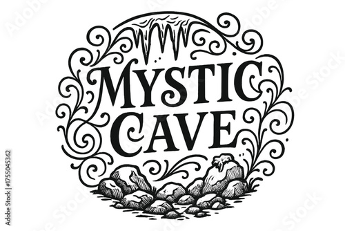 Mystic Cave Flourish. Flourish Lettering: "Mystic Cave" ? elegant swashes and curls around medium-thick letters, circular layout with symmetrical stalactites,