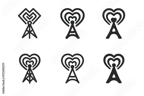 Heartwave Signal Logos. Long-distance relationships and communication. Set Logo of Long-distance relationships and communication: Signal tower or satellite