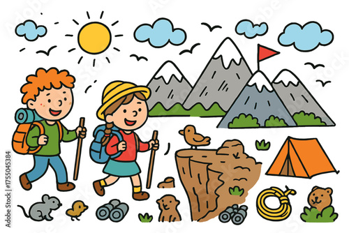 Mountain Adventure Doodle. High Altitude Hike. Colorful Hand-drawn doodle Children illustration hikers, mountain peaks, backpacks, walking sticks, cliff, snow,
