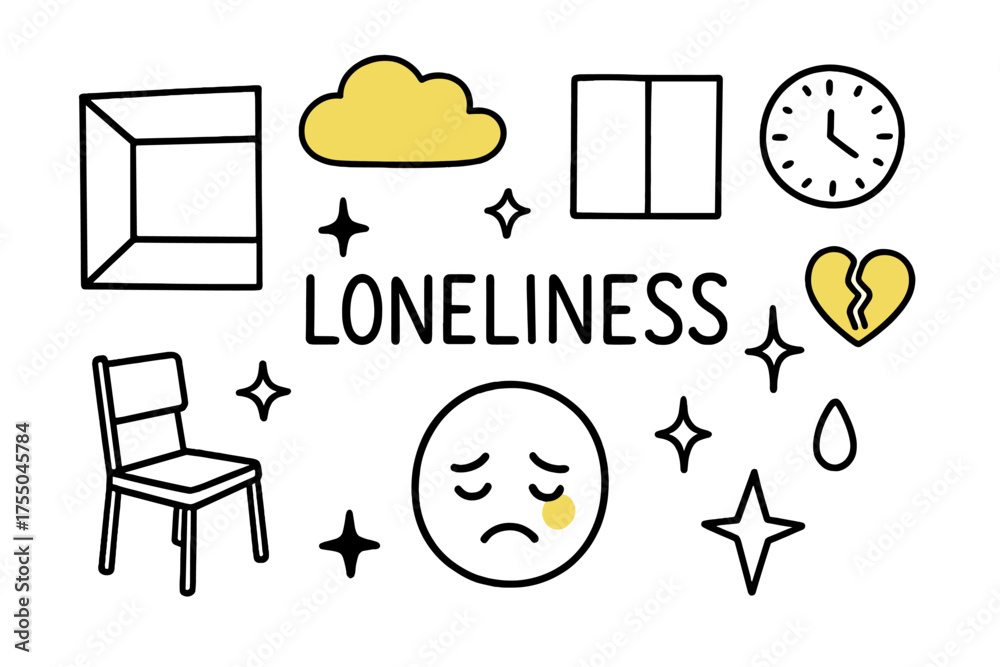 Fototapeta premium Lonely Doodle Illustration. Loneliness. Hand-drawn doodle illustration sad face (colored), empty room (colored), cloud (colored), sparkle, star, single chair,