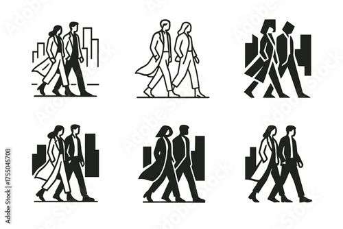 Stylish City Walk Logos. People walking on a city street dressed in stylish outfits. Set Logo of People walking on a city street dressed in stylish outfits: