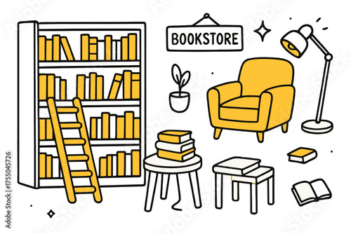 Colorful Bookstore Doodle. Bookstore Interior. Hand-drawn doodle illustration bookshelf (colored), ladder (colored), armchair, reading lamp (colored), sparkle,