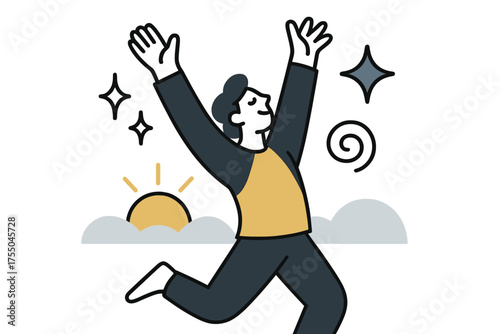Energetic Morning Stretch. Morning routine. Glowing person stretching arms high in open space with sunrise behind. Floating icons of sparkle, star, and swirl