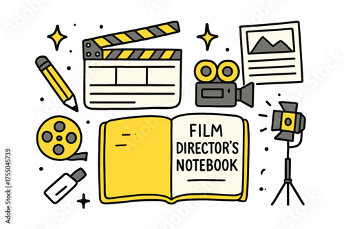 Filmmaker's Creative Toolkit. Film Director?s Notebook. Hand-drawn doodle illustration notebook (colored), clapperboard (colored), camera (colored), sparkle,