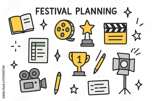 Festival Planning Doodles. Festival Planning. Hand-drawn doodle illustration notebook (colored), film reel (colored), trophy (colored), sparkle,