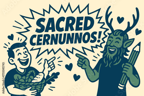 Cernunnos Celebration Banner. Sacred Cernunnos banner, flat vector illustration, bold oversized text inside comic burst, cartoon characters laughing and
