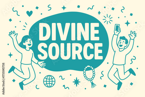 Divine Celebration Banner. Divine Source banner, flat vector illustration, bold oversized text inside rounded blob, cartoon characters jumping and waving,