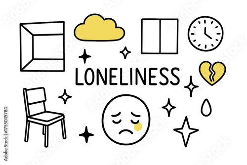 Lonely Doodle Illustration. Loneliness. Hand-drawn doodle illustration sad face (colored), empty room (colored), cloud (colored), sparkle, star, single chair,