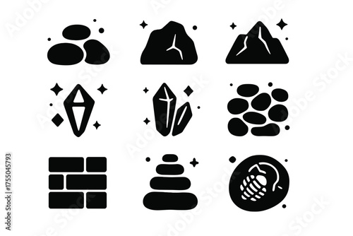 Stone Icon Collection. Stones. Solid icons set of Stones: pebble, rock, boulder, mountain stone, gem, crystal, cobblestone, stone arch, cairn, cracked stone,