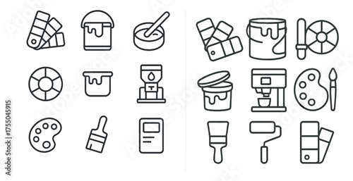 Painting and art tools outline icons set – linear, sketch, creative design symbols